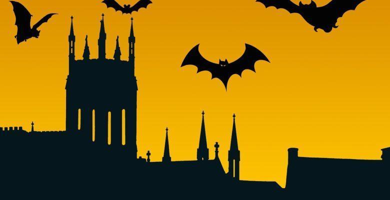 Halloween image with building and bats