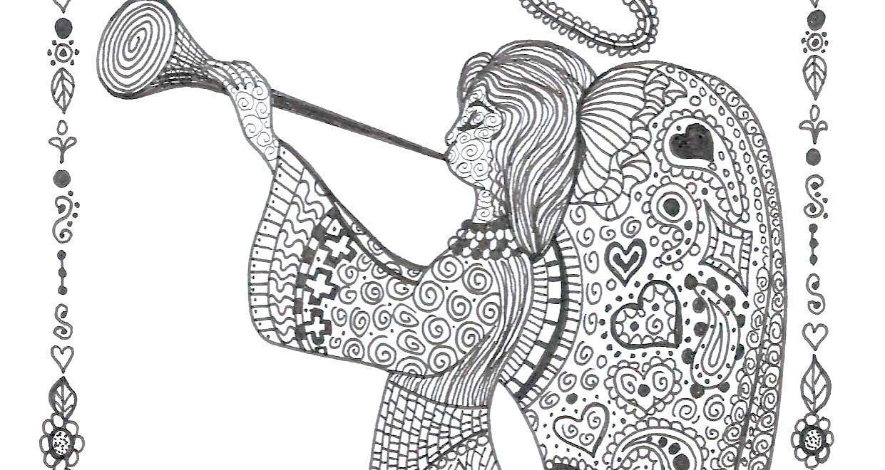Ornate dark gray and black ink illustration of angel facing left and holding a horn to their mouth with a halo above their head and wings attached to their back on a white background