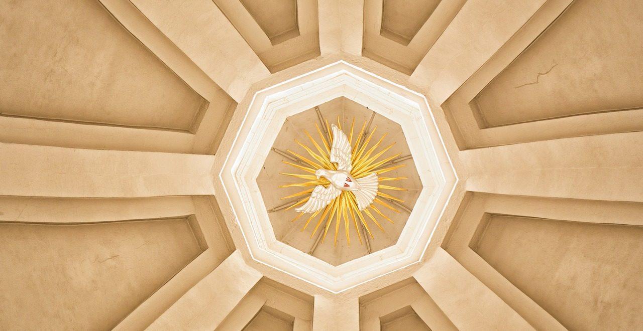 White bird surrounded by yellow rays inside of an ivory beveled octagon against a beige three-dimensional background