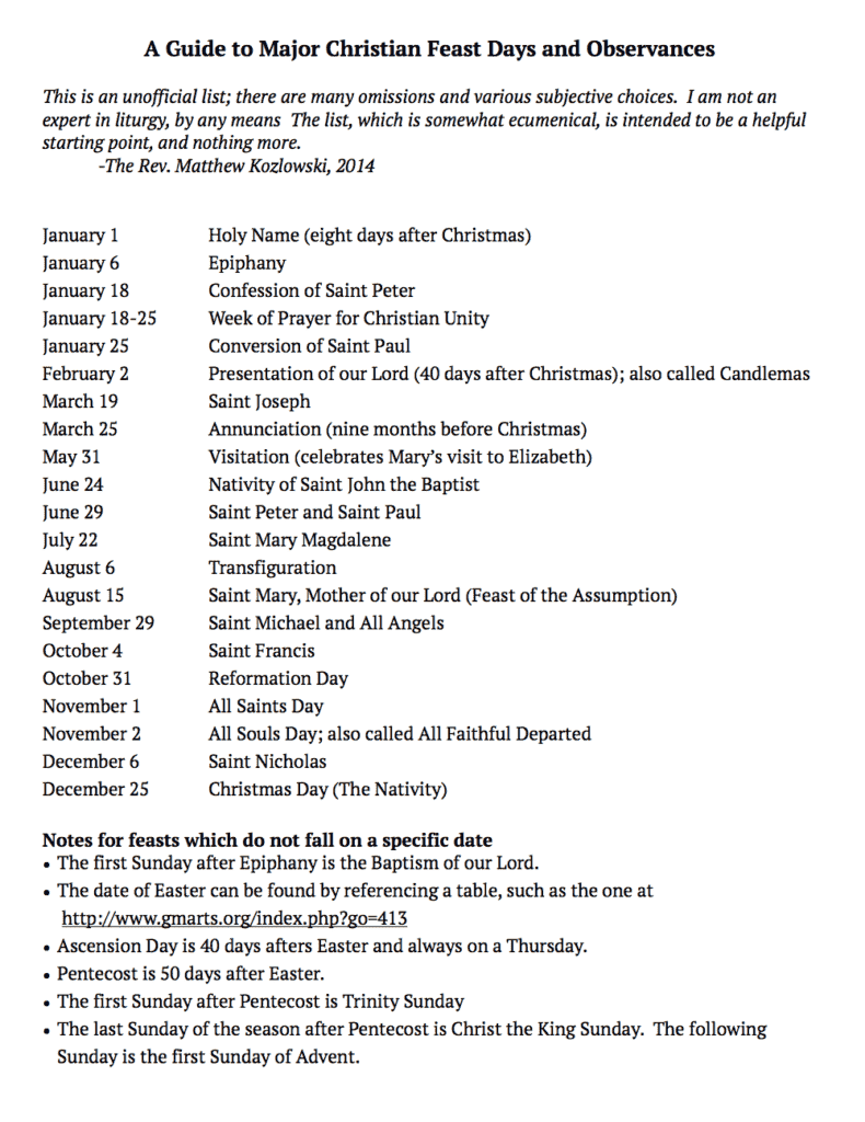 A Handy List of Christian Feast Days and Observances