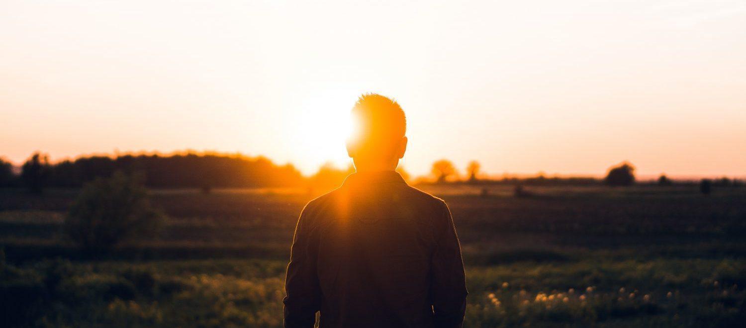 Back view of a person with short hair and long-sleeved shirt standing in a field in front of a shining sun
