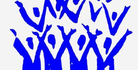 Blue illustration of multiple people figures with arms raised above their heads