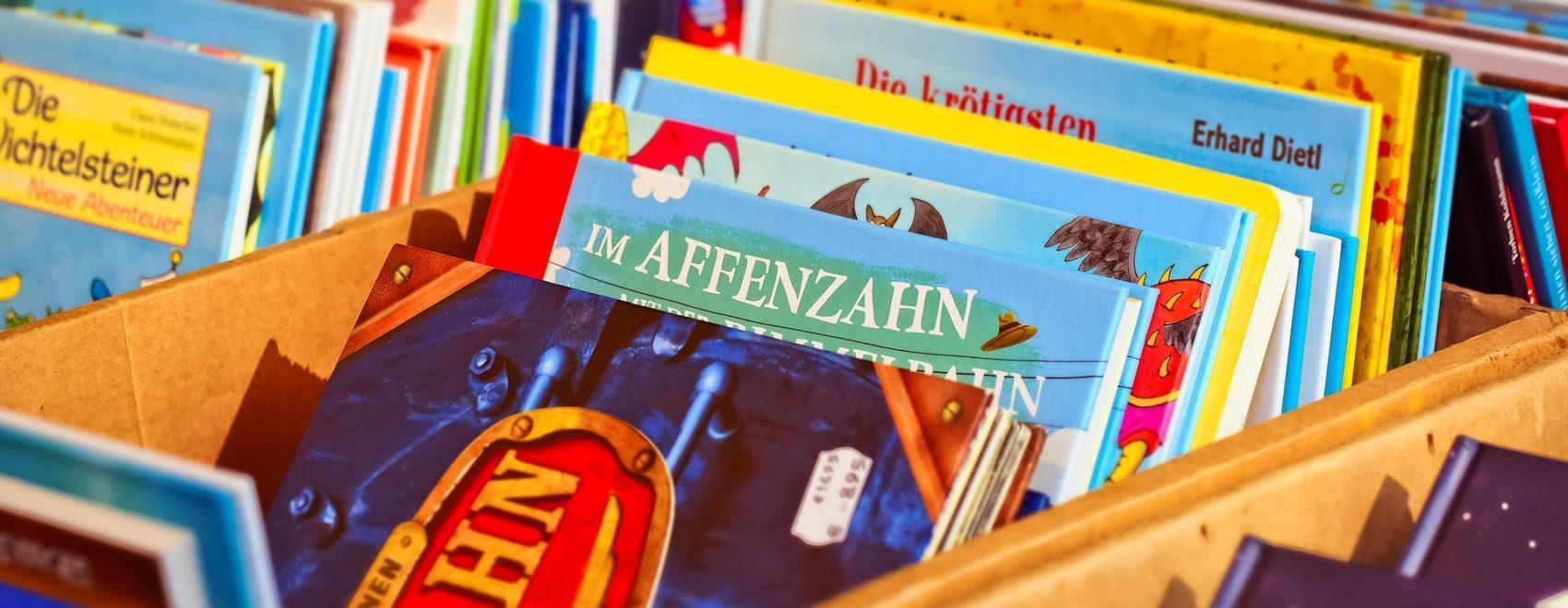 Close-up of racks full of picture books in various colors stacked standing vertically