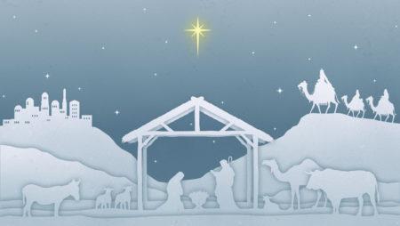 Grey and blue image of nativity scene with yellow star above.