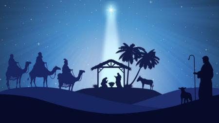 Illustration depicting silhouettes in shades of blue of a nativity scene with three magi on camels in the foreground on the left and a shepherd and sheep on the right