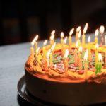 Chocolate birthday cake with candles lit