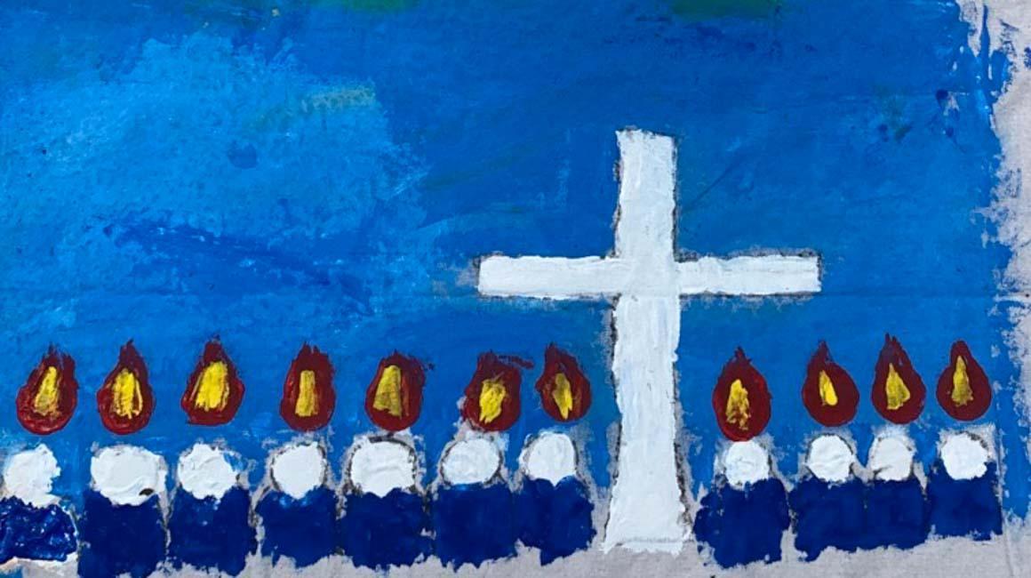 Mural made by children with blue background, white cross, and figures with flames on their heards.