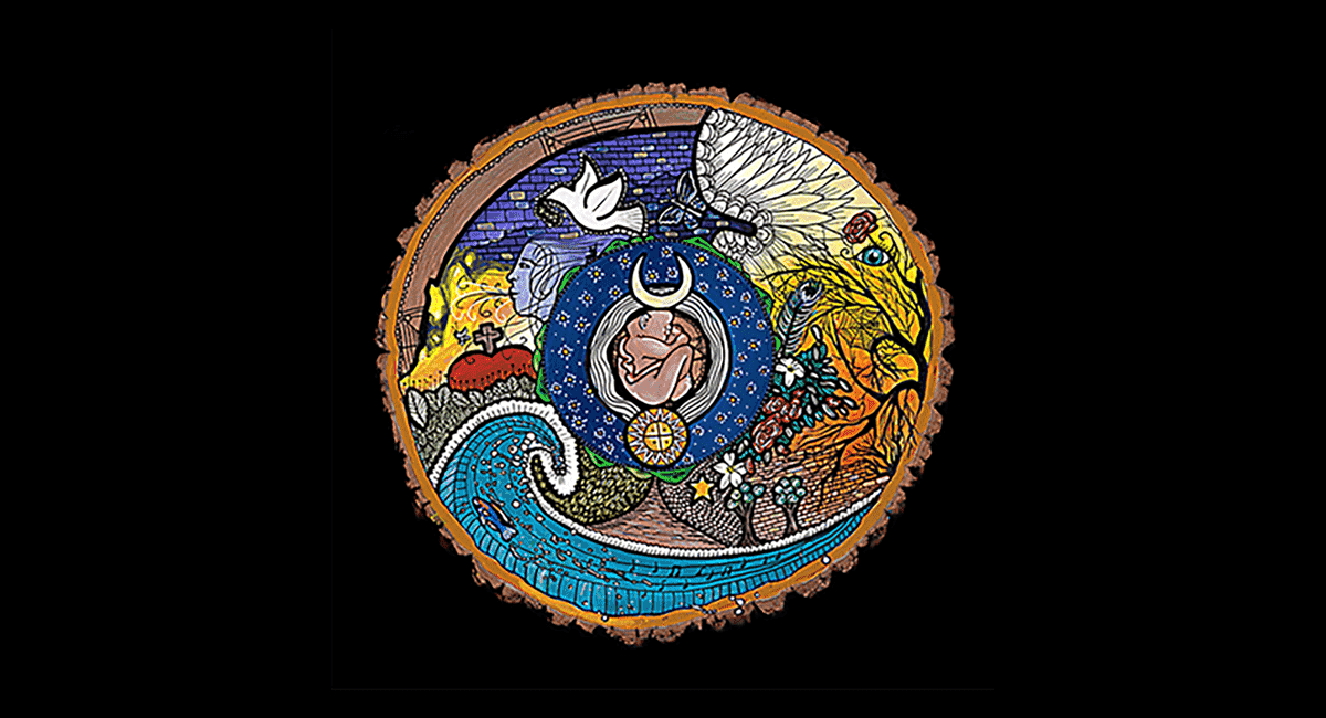 A circular icon of creation on a black background.