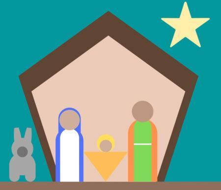 A nativity scene depicted with colorful shapes.