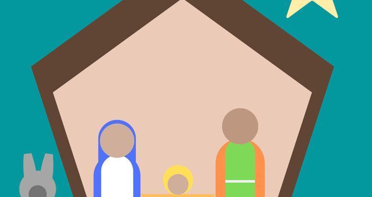 A nativity scene depicted with colorful shapes.