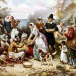 Painting of the "first thanksgiving" with pilgrims and indigenous people sharing food.