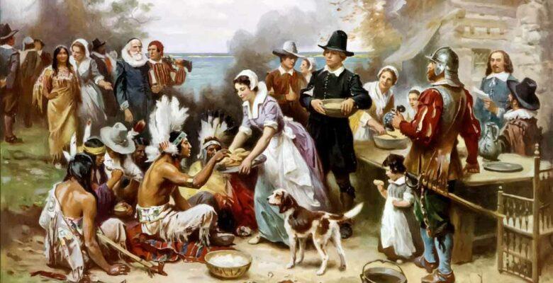 Painting of the "first thanksgiving" with pilgrims and indigenous people sharing food.