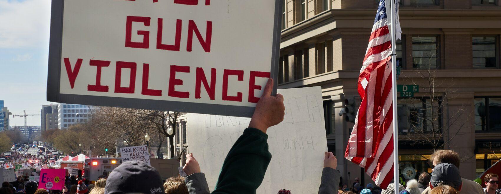 Crowd of individuals holding signs including one reading "Stop Gun Violence" and someone carrying an American flag.