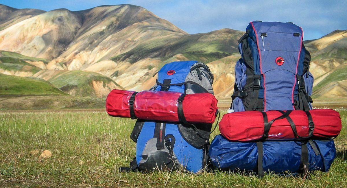 Two backpacks on grass with hills in background