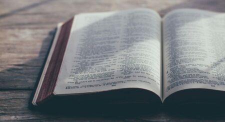 Close-up of open Bible on a wooden surface with sunlight and shadows scattered across the pages and surface