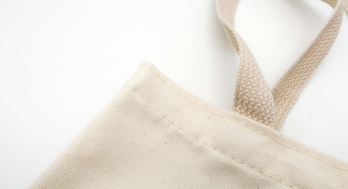 Close-up of ivory-colored canvas bag and handle in front of a white background