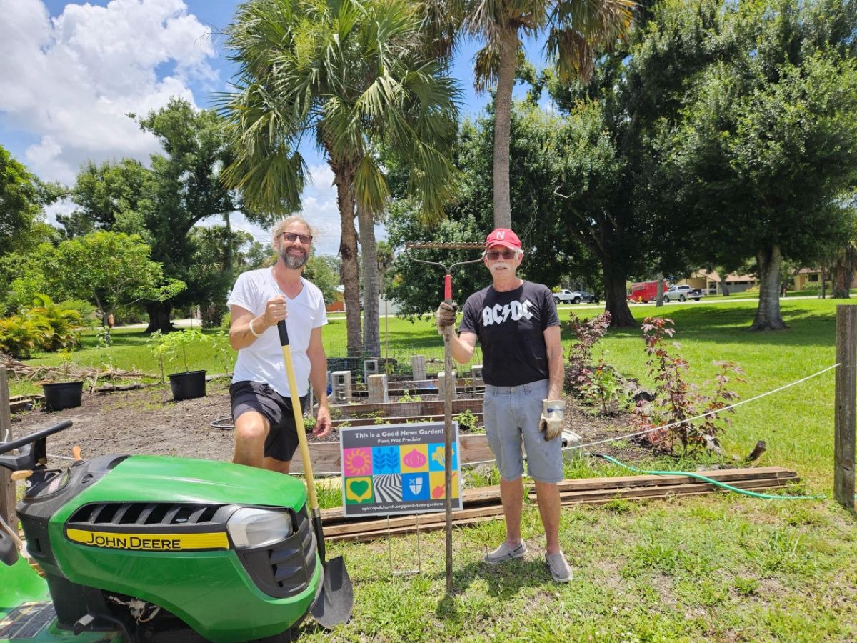 Brian Cleary (on left) and Bob Burns (on right) in the Good News Garden at All Souls Episcopal Church in North Fort Myers, FL