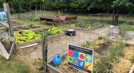 Wide view of garden with raised beds bordered by wood, a dirt path between beds, and a wooden cross in the background; sign in bed in the foreground says "This is a Good News Garden! Plant, Pray, Proclaim"