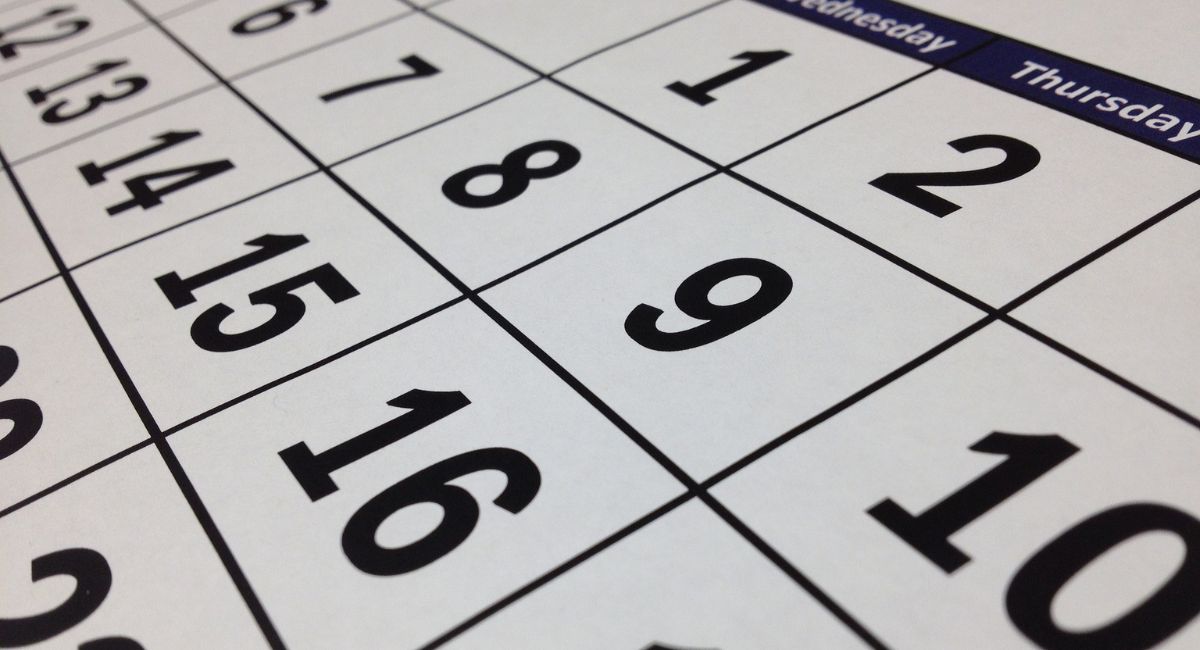 Close-up diagonal view of black-and-white monthly numbered calendar, showing numbers 1, 2, 6, 7, 8, 9, 10, 12, 13, 14, 15, 16