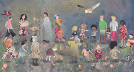 Illustration from the book "The Gift of Baptism" featuring many people of varying ages and with varying skin tones and gender presentations standing among flowers, birds, and other animals in front of a botanical blue-gray and yellow background; the upper left of the image includes a baptismal font between an adult holding a baby on the left and an adult figure wearing a white robe on the right