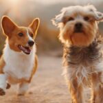 Two small dogs, one with brown and white fur and one with brown, white, and gray fur, running on a dirt path with blurred foliage in the background