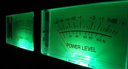 Close-up of volume level meter with green front lighting against a dark background