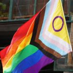 Pride flag on a black pole outdoors in front of a window