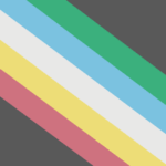 "Visually Safe Disability Pride Flag" with red, yellow, white, light blue, and green diagonal stripes from upper left to lower right on a dark gray background