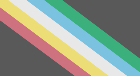 "Visually Safe Disability Pride Flag" with red, yellow, white, light blue, and green diagonal stripes from upper left to lower right on a dark gray background