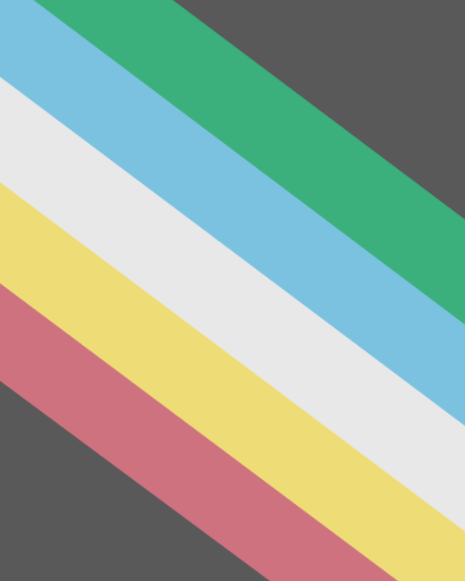"Visually Safe Disability Pride Flag" with red, yellow, white, light blue, and green diagonal stripes from upper left to lower right on a dark gray background