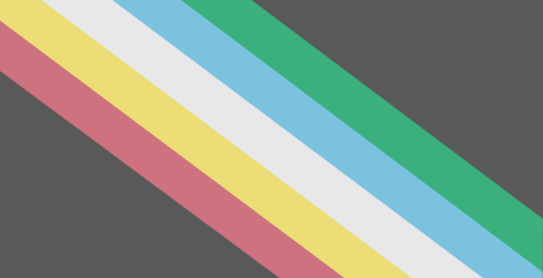 "Visually Safe Disability Pride Flag" with red, yellow, white, light blue, and green diagonal stripes from upper left to lower right on a dark gray background