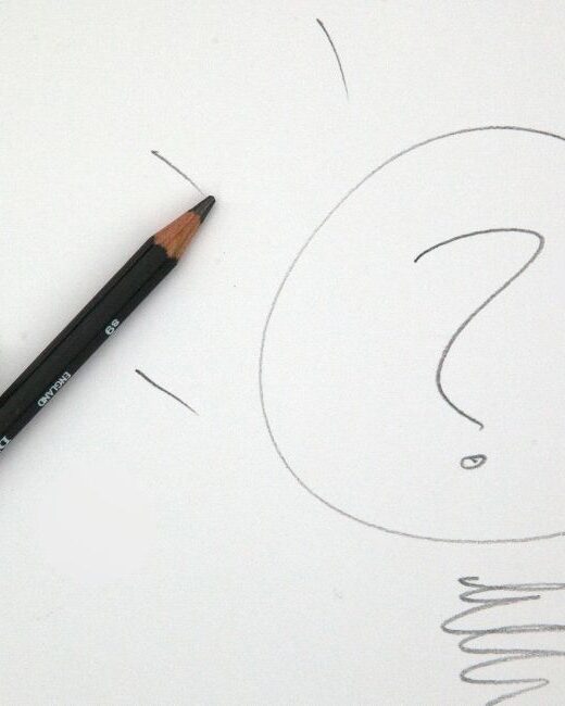 Gray pencil drawing of question mark in a circle surrounded by short rays along the top and a spiral squiggle at the bottom with a white eraser and gray pencil to the left on an off-white background