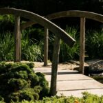 Wooden bridge over a creek surrounded by green grasses and bushes on both sides