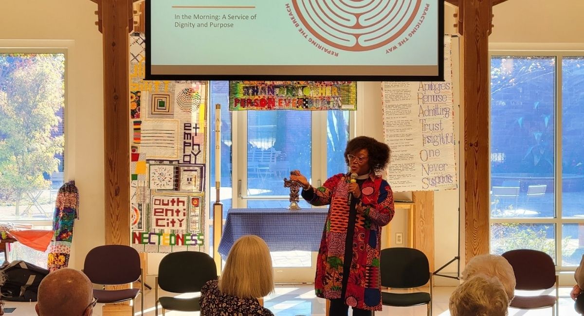 The Rev. Valerie Mayo speaking at a regional Sacred Ground gathering in Durham, NC in November 2024